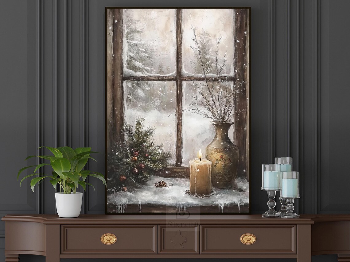 Vintage Snowy Window Painting Winter Poster - Image 6