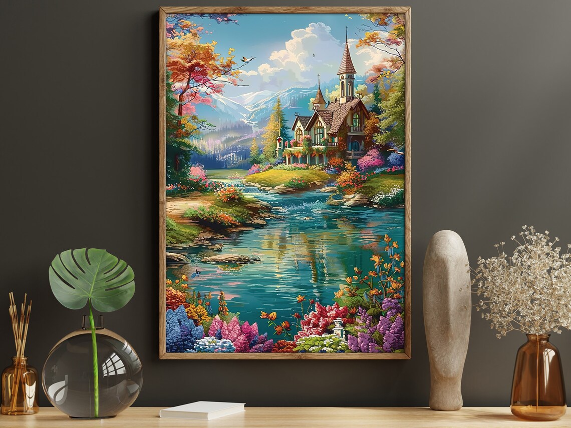 Storybook Cottage By Turquoise River Mountain Garden Fantasy Poster