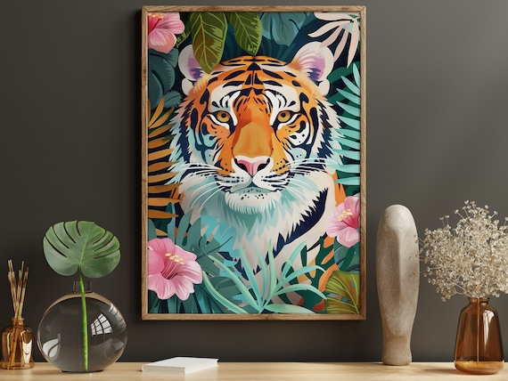 Colorful Tiger In Tropical Jungle Leaves Pink Flowers Matisse Style Poster