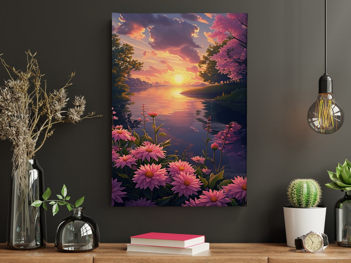 Pink Daisies At Sunset Lake Purple Sky Serene Landscape Wall Poster - Image 5