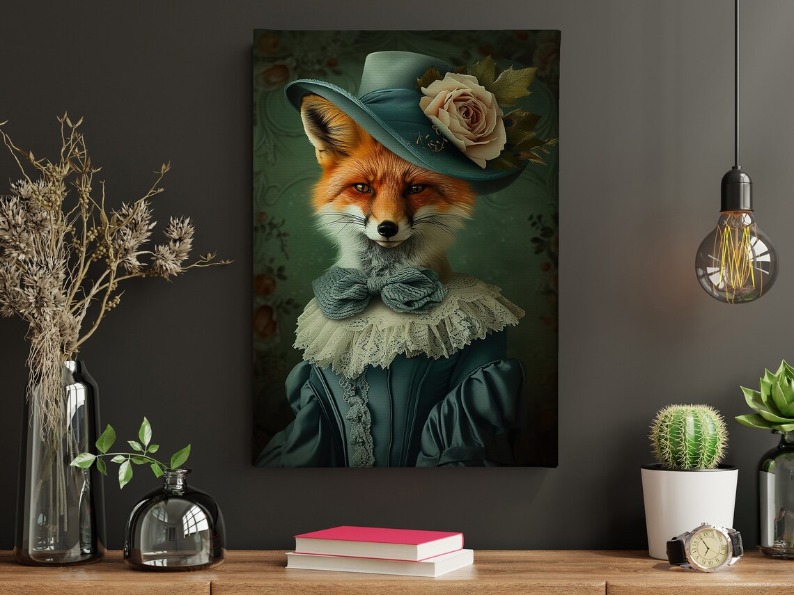 Fox Lady In Teal Victorian Gown Hat With Rose Gothic Portrait Wall Poster - Image 5