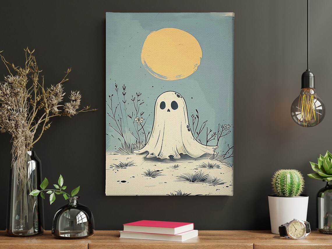 Cute Ghost Under Big Moon Minimalist Pastel Halloween Nursery Art Poster - Image 4