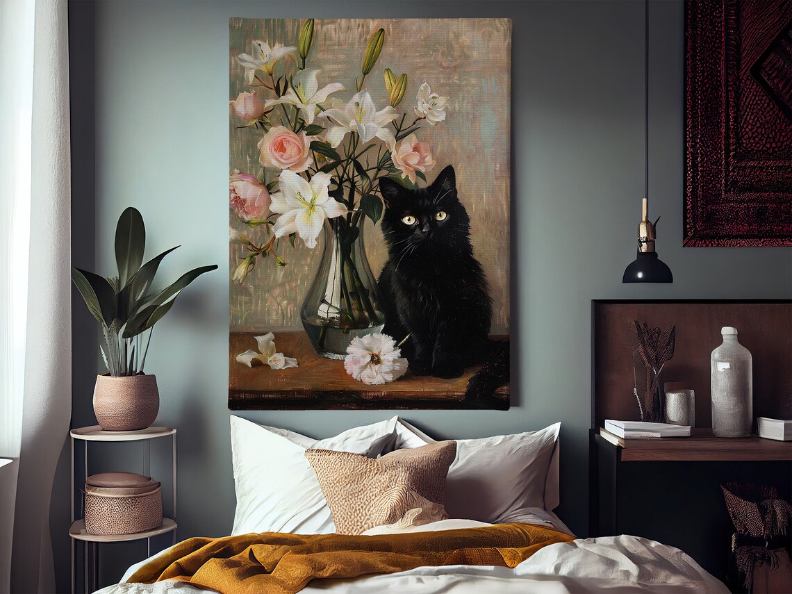 Vintage Black Cat and Flowers Vase Cottage Art Print - Image 2