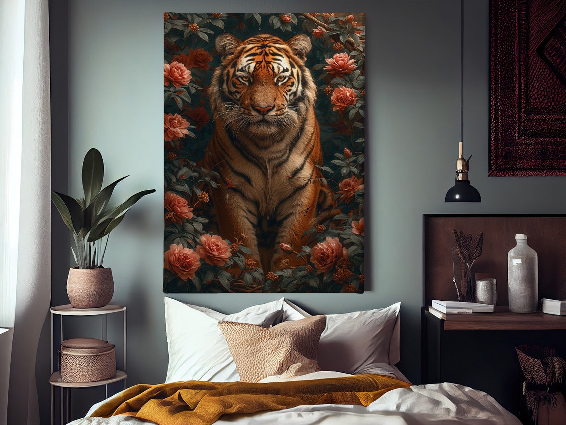 Vintage Tiger In Flowers Garden Painting Cottage Tiger Print Tiger Print Animal Poster Print Wild Animal Wall Art - Image 3