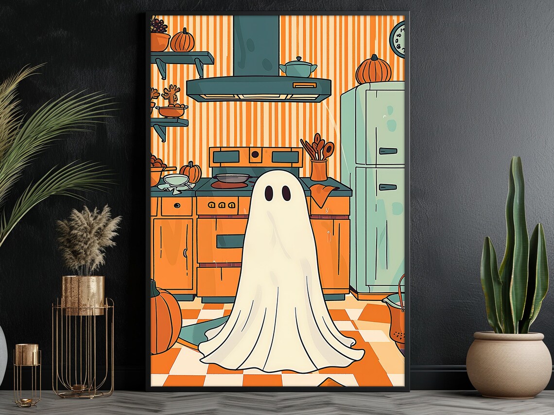 Cute Ghost In Retro Orange Kitchen Pumpkins Halloween Illustration Poster - Image 3