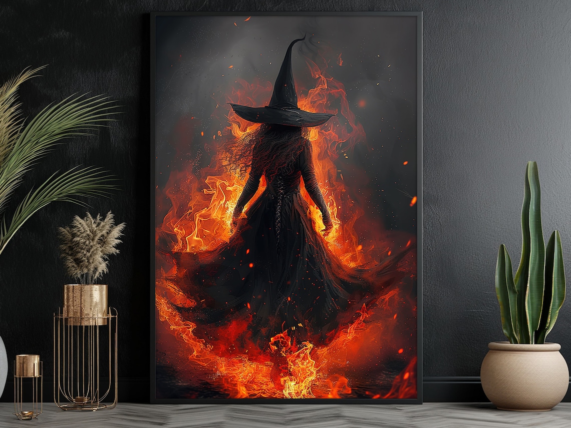 Dark Surreal Fire Witch Poster, Halloween Wall Art