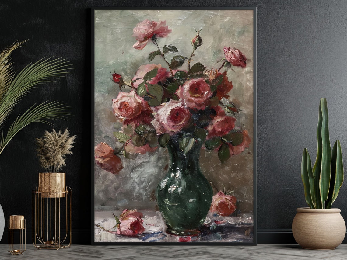 Vintage Roses Vase Oil Painting Flowers Vase Print Cottage Flowers Flowers Poster Retro Flowers Wall Art - Image 3