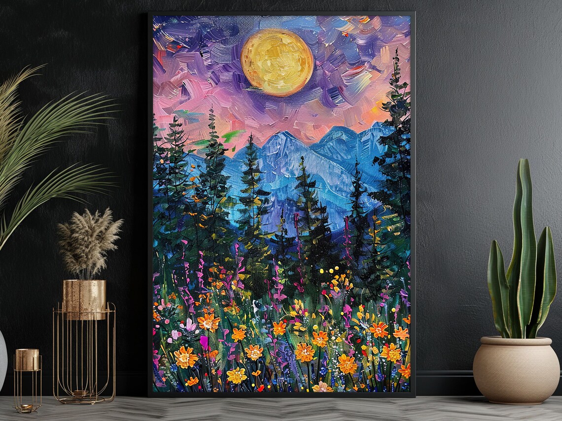 Vintage Moon And Forest Mountain Art Print - Image 3