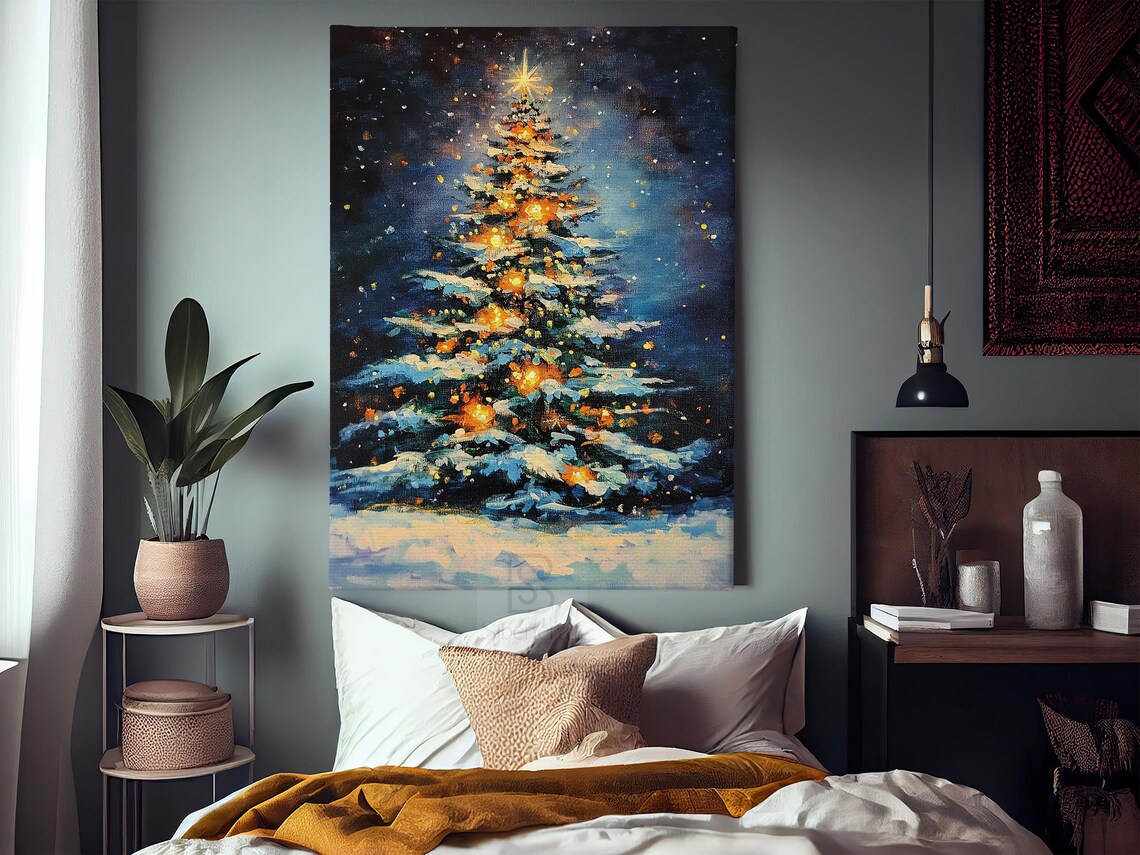 Glowing Christmas Tree With Golden Lights On Starry Snowy Night Poster - Image 3