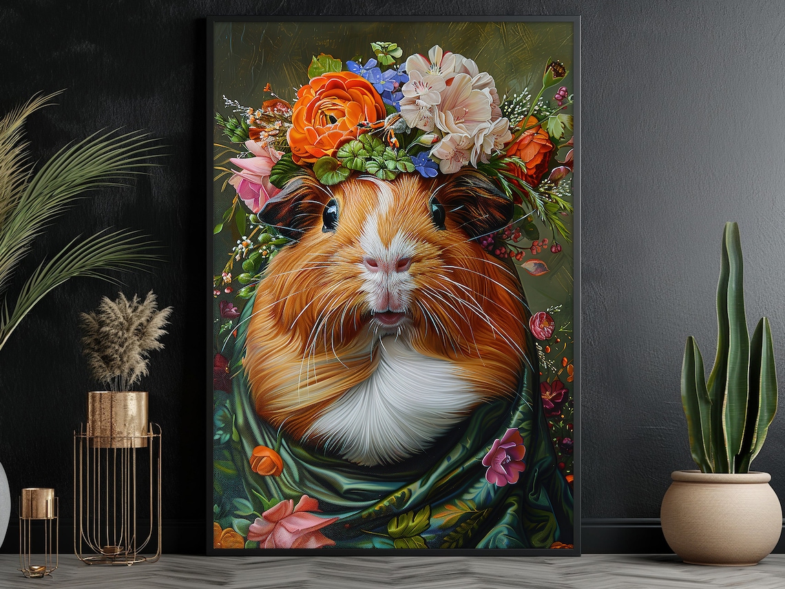 Guinea Pig Flower Crown Floral Shawl Cute Pet Portrait Art Poster