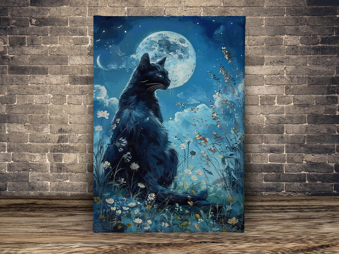 Black Cat Under Full Moon Night Wildflowers Mystical Art Poster - Image 2