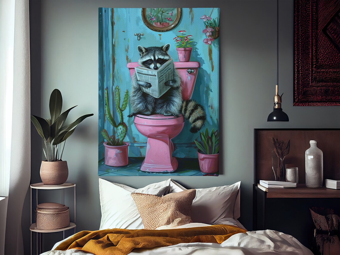 Funny Raccoon Reading Newspaper On Pink Toilet Bathroom Wall Poster - Image 3