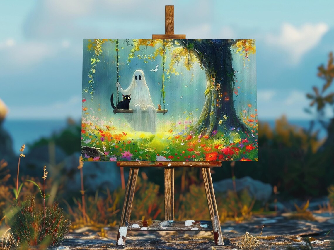 Sweet Ghost on Tree Swing with Black Cat in Sunny Flower Meadow Poster - Image 2