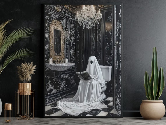 Vintage Ghost in Toilet Poster Print, Halloween Wall Art