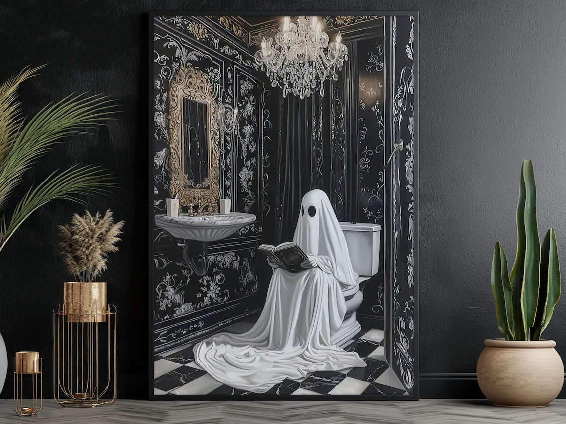 Vintage Ghost in Toilet Poster Print, Halloween Wall Art