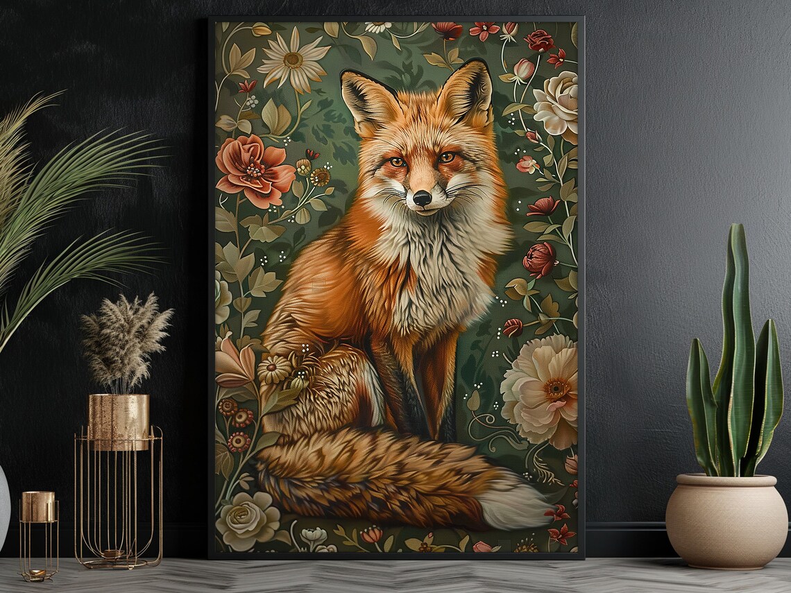 Cottage Fox and Flowers Retro Wild Animal Poster Print - Image 3