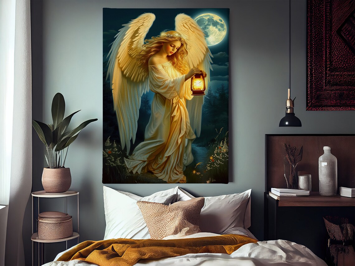 Golden Angel Holding Lantern Under Full Moon Night Guardian Poster - Image 3