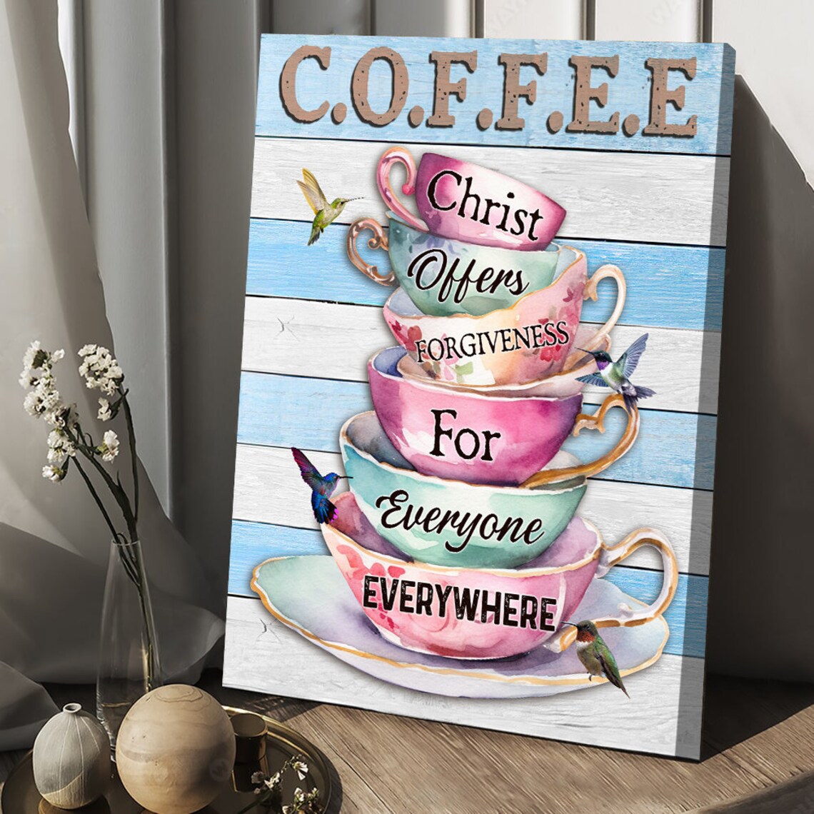 Coffee Christ Offers Forgiveness For Everyone Cup Stack Kitchen Faith Poster - Image 5