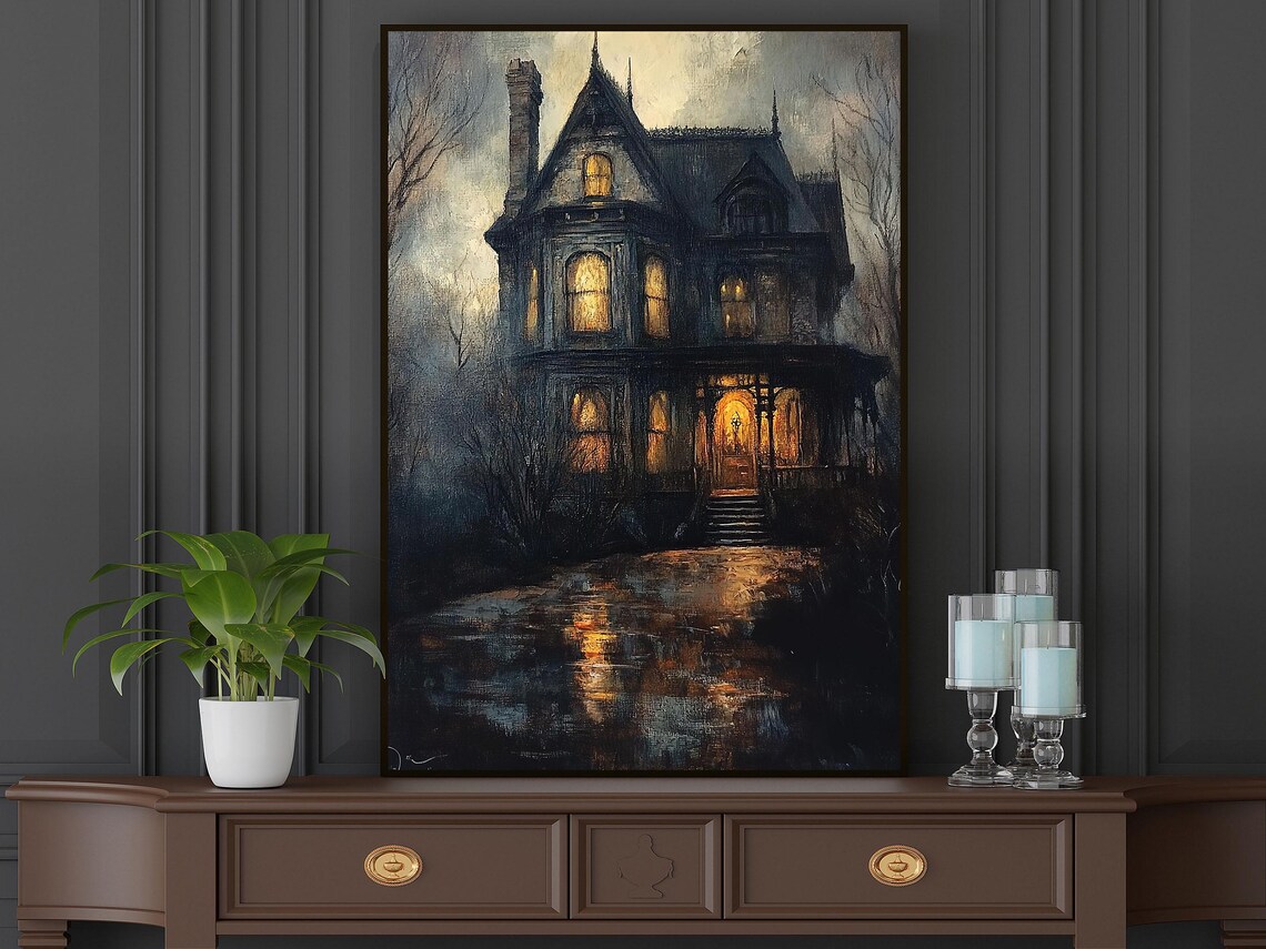 Victorian Haunted Mansion Night Glowing Amber Windows Misty Water Reflection Poster - Image 4
