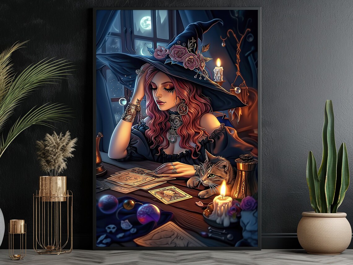 Witch And Cat Tarot Reading Candlelight Halloween Witchy Fantasy Poster - Image 4