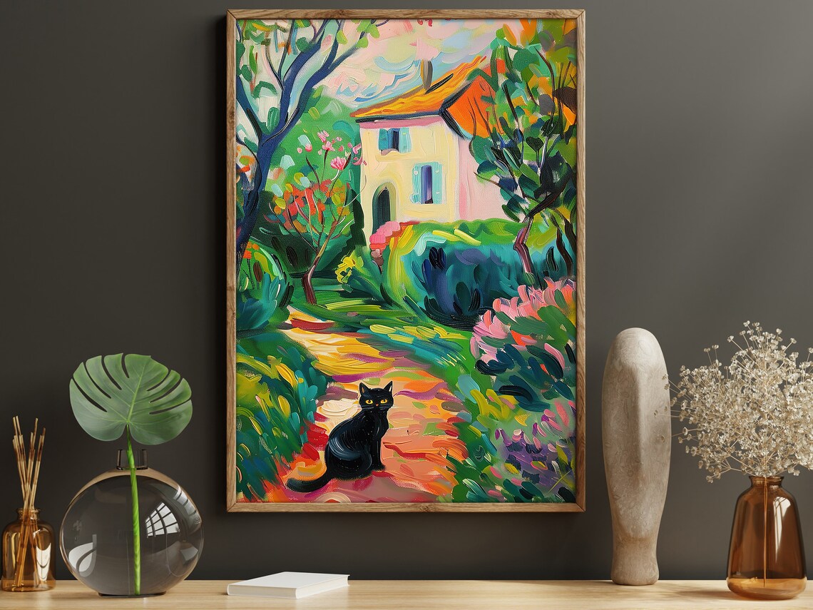 Black Cat Colorful Garden House Matisse Style Fauvist Art Poster - Image 5