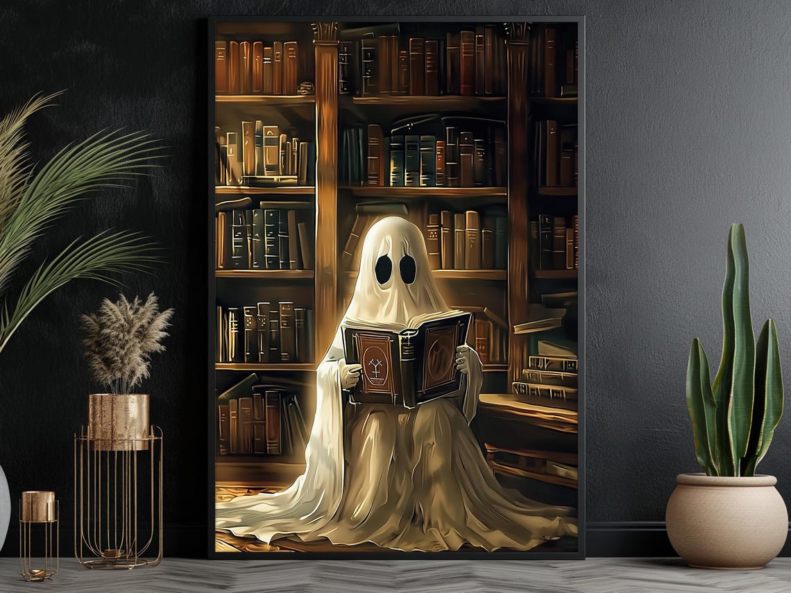 Ghost Reading Book In Grand Library Cozy Spooky Halloween Art Print