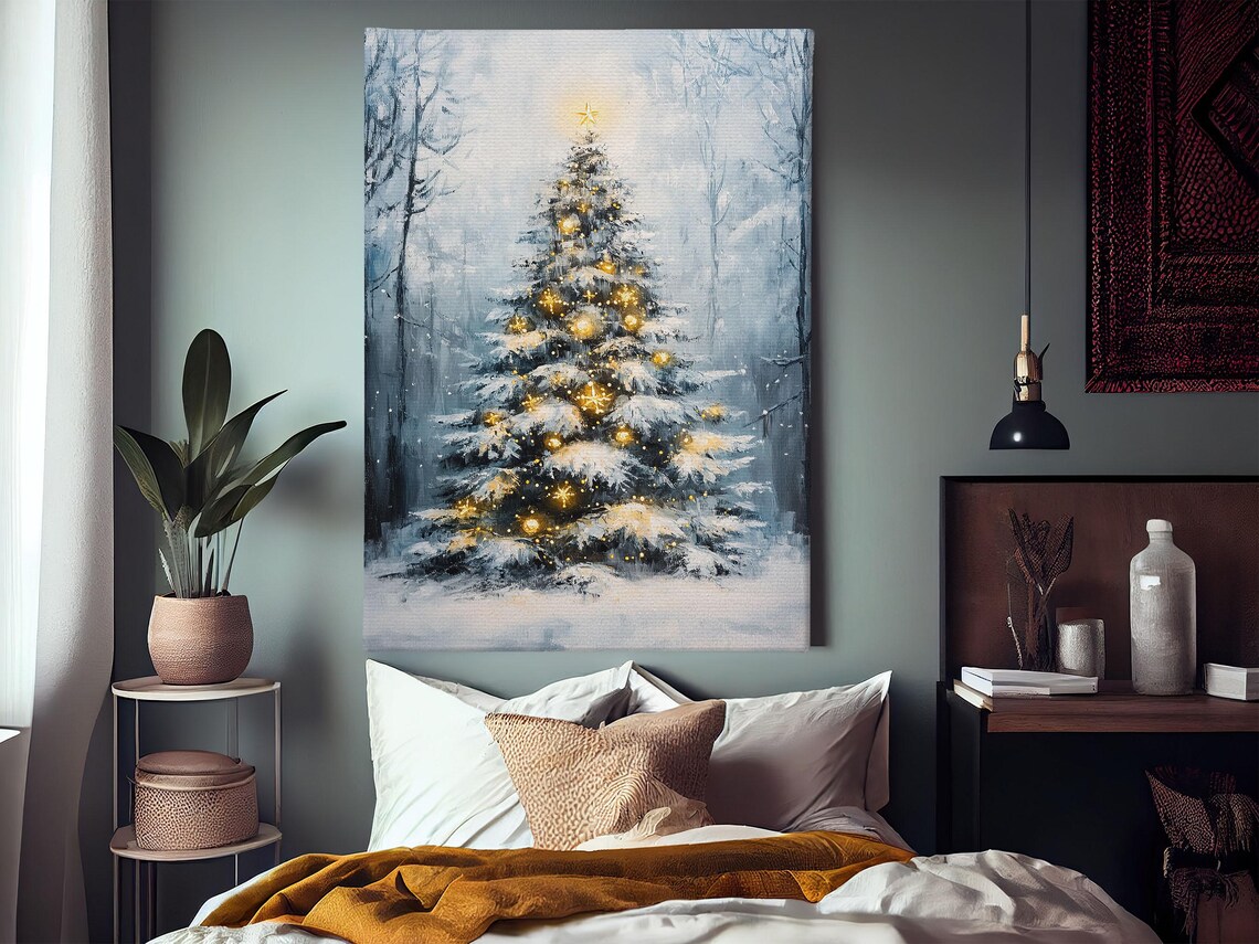 Snowy Christmas Tree With Golden Lights In Winter Forest Night Poster - Image 3