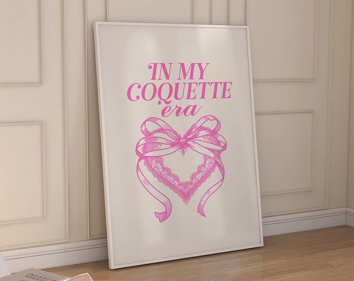 In My Coquette Era Pink Lace Bow Heart Script Typography Poster