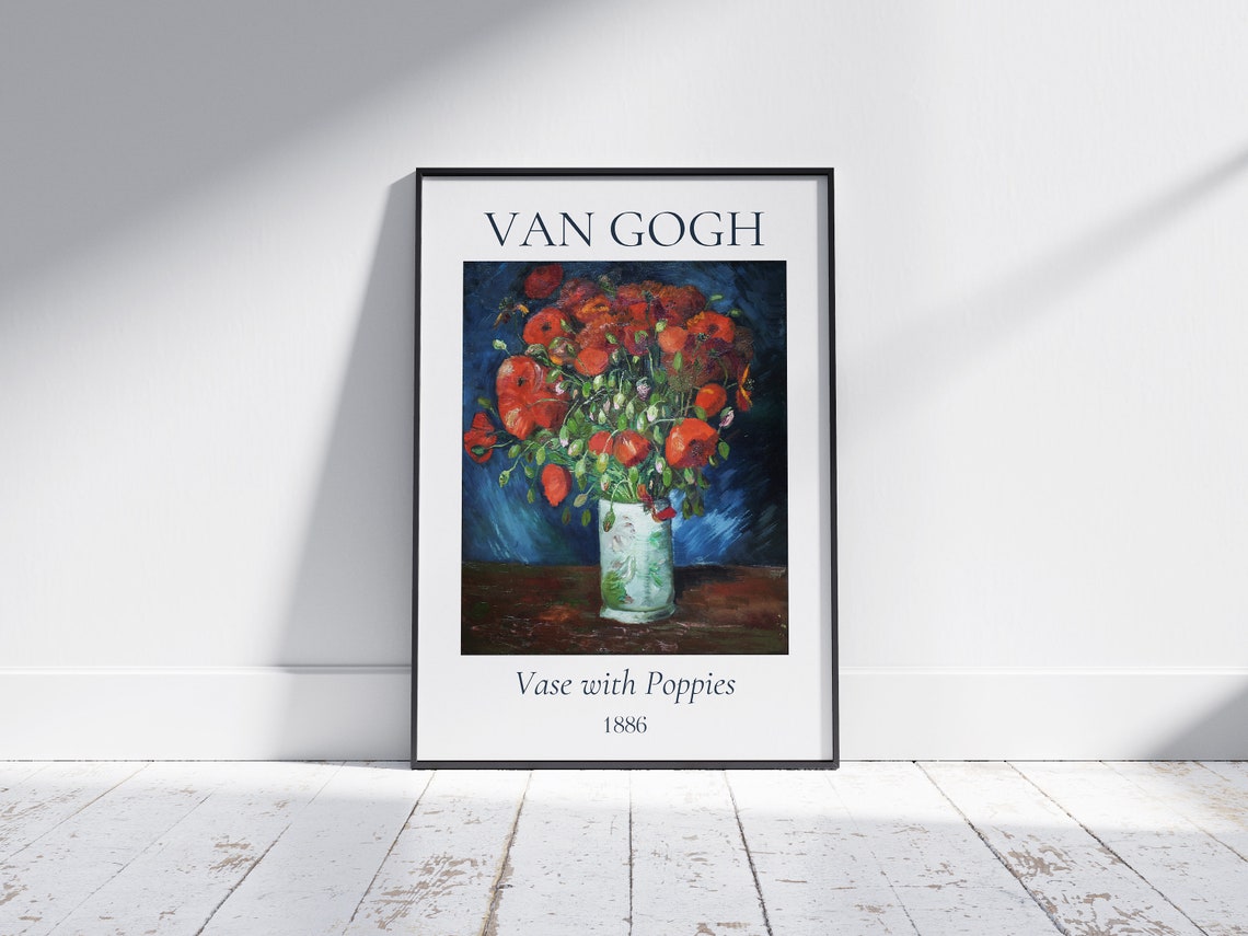 Van Gogh Vase with Poppies 1886 Red Flowers Blue Background Poster - Image 7