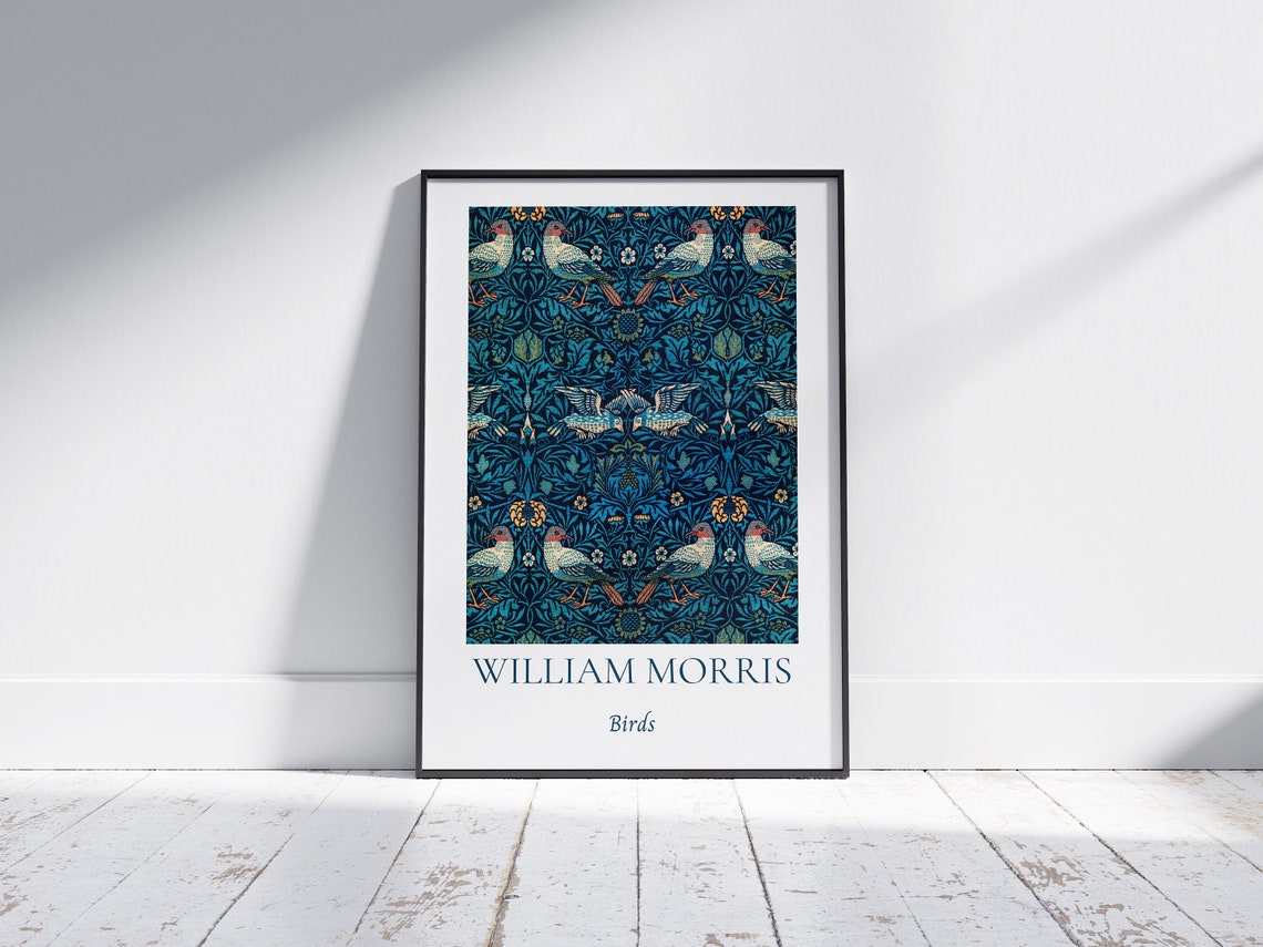 William Morris Birds Dark Navy Tapestry Pattern Exhibition Wall Art - Image 7