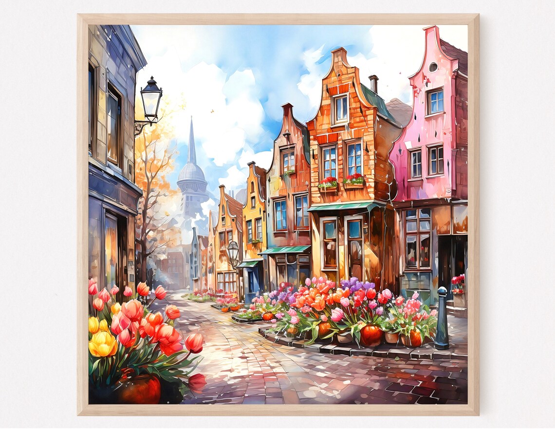Amsterdam Flower Market Tulip Stalls Colorful Houses Watercolor Poster