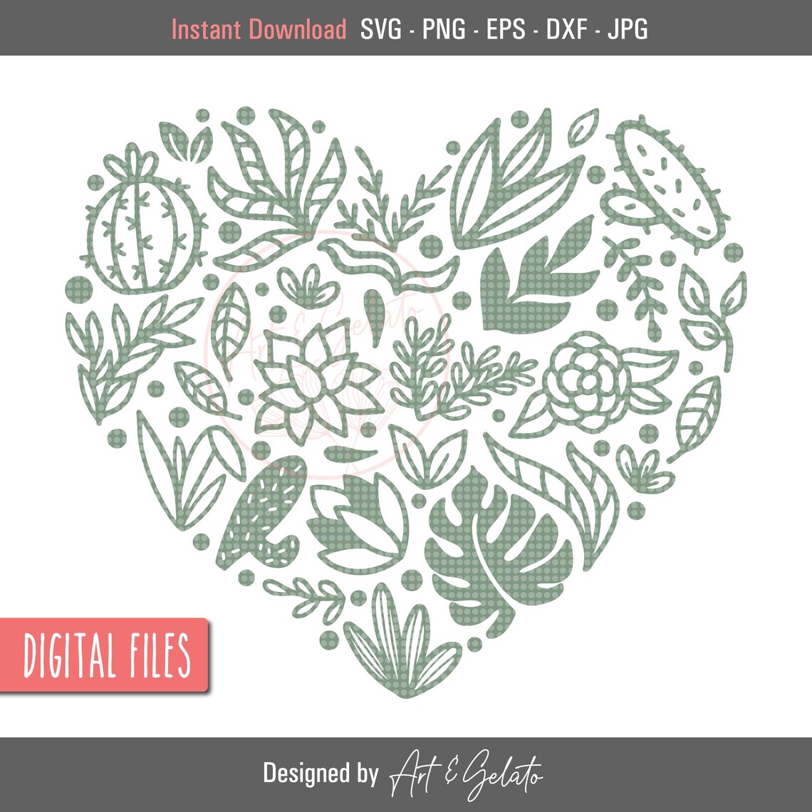 Plant Lover Heart Sage Botanical Leaves Digital Design Poster