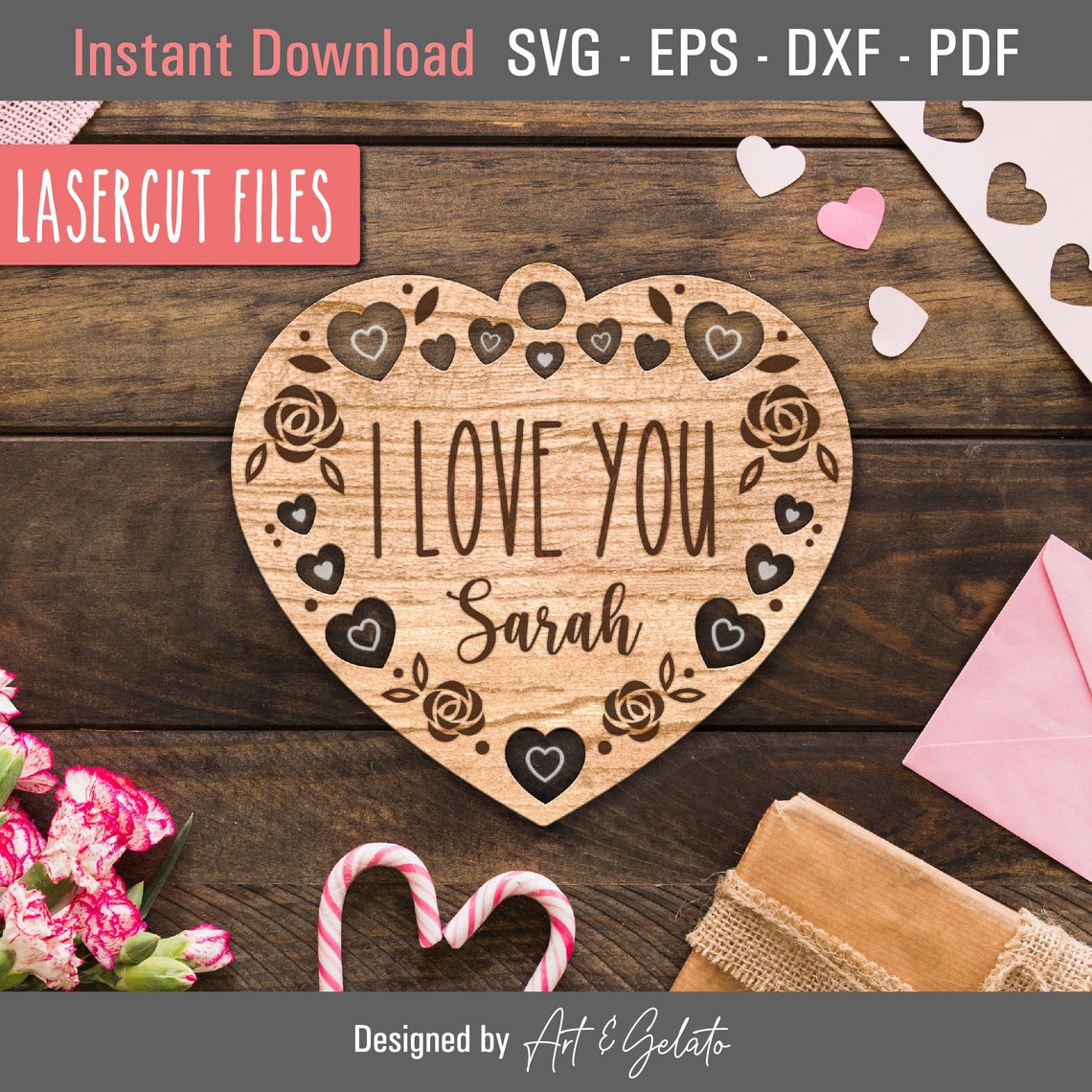 I Love You Personalized Name Script Wooden Heart Ornament Poster