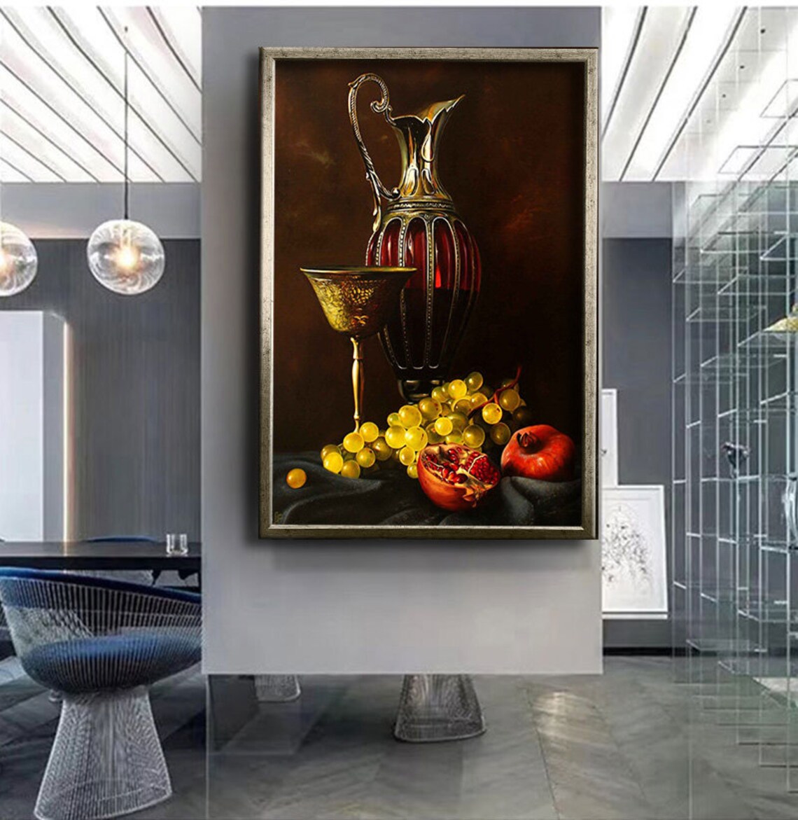 Classic Still Life Golden Pitcher Goblet Grapes Oil Style Poster - Image 4
