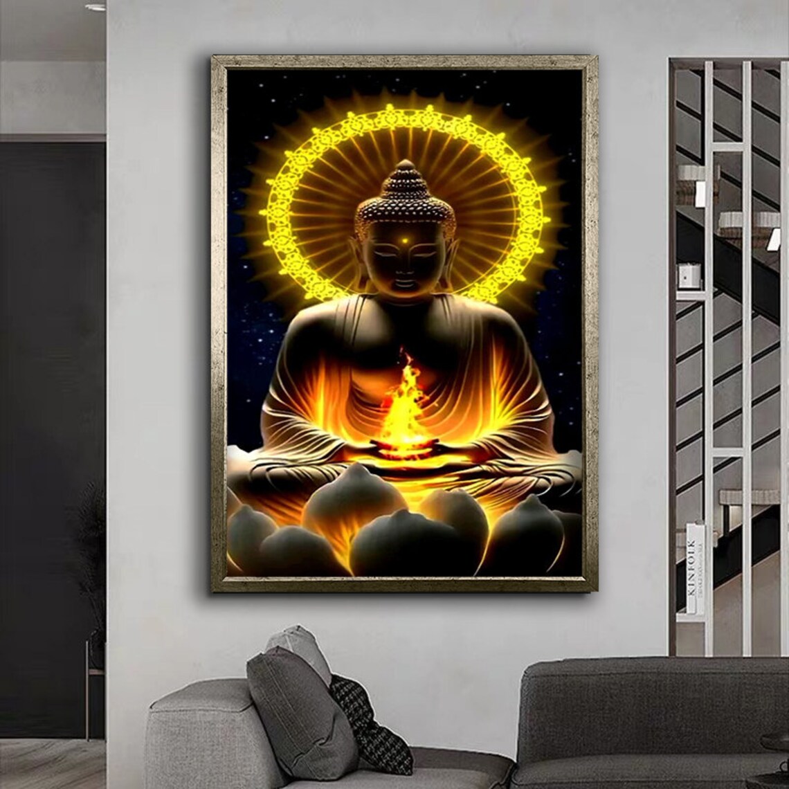 Golden Buddha Meditation Glowing Halo Spiritual Zen Wall Art Poster - Image 4