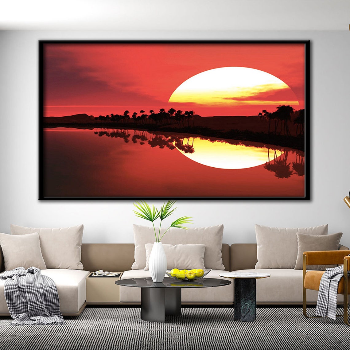 Tropical Sunset Huge Sun Over Lake Palm Silhouette Reflection Poster - Image 4