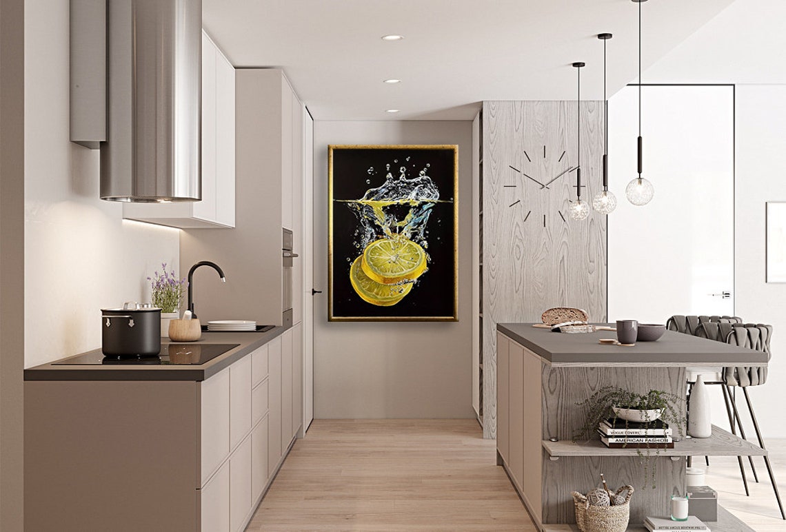 Lemon Slices Sinking Water Splash Black Background Painting Poster - Image 2