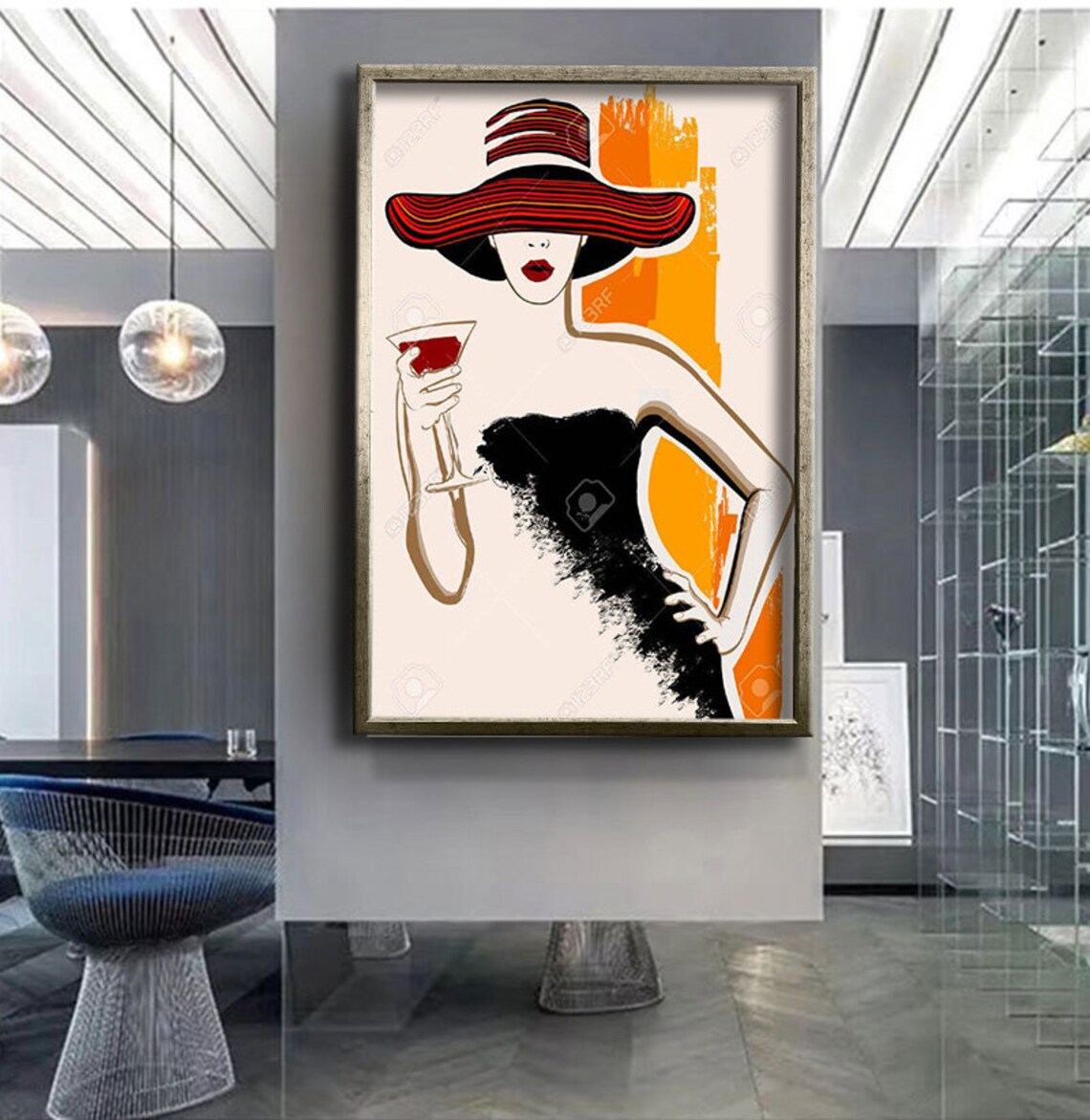 Elegant Woman Red Sun Hat Cocktail Fashion Illustration Wall Poster - Image 4