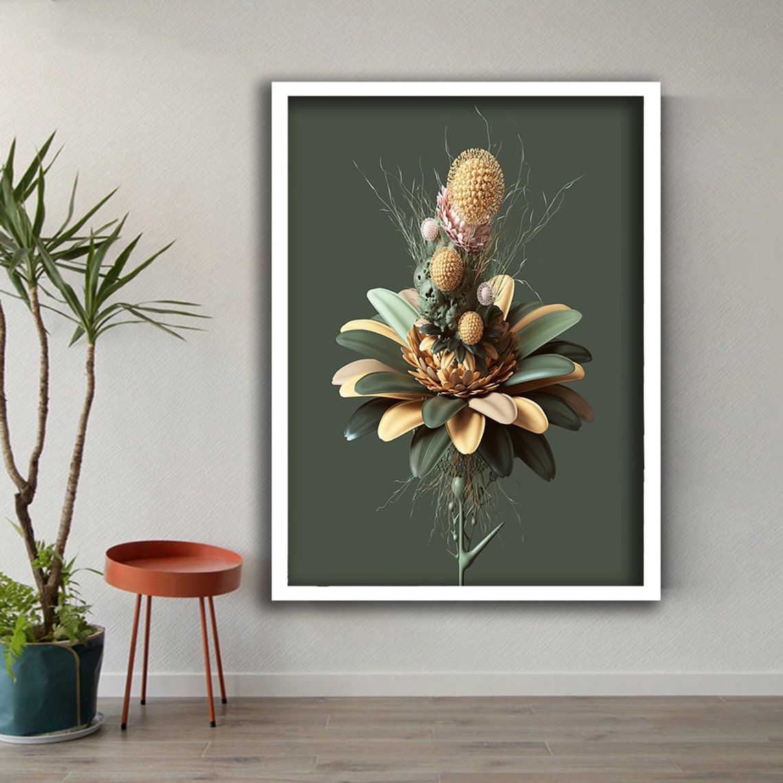 Surreal Exploding Flower Bouquet Exotic Blooms Dark Green Art Poster - Image 2