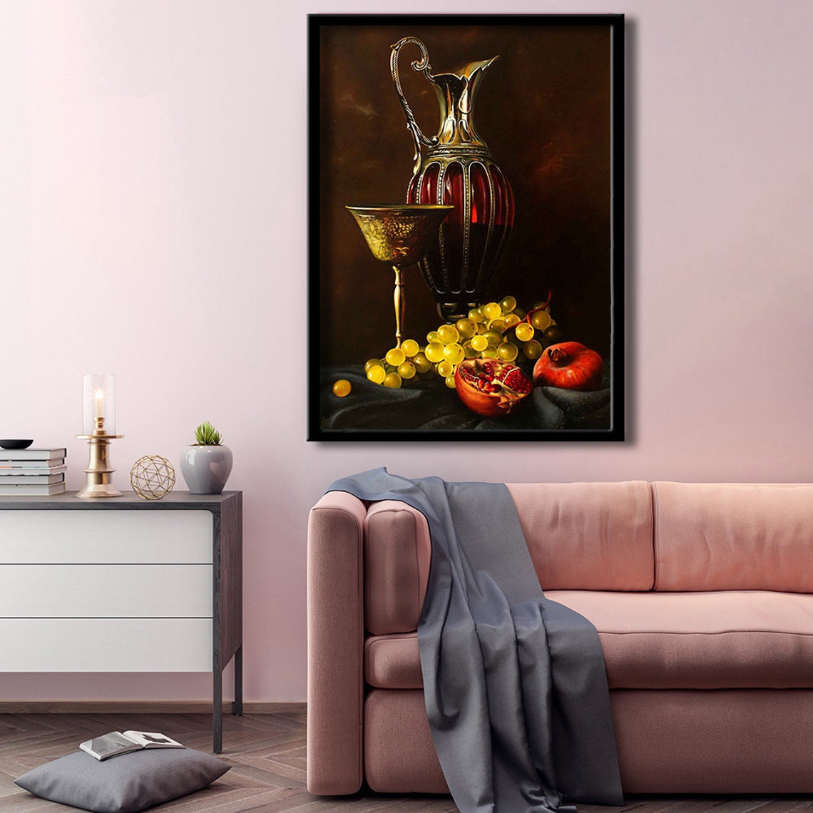 Classic Still Life Golden Pitcher Goblet Grapes Oil Style Poster - Image 2