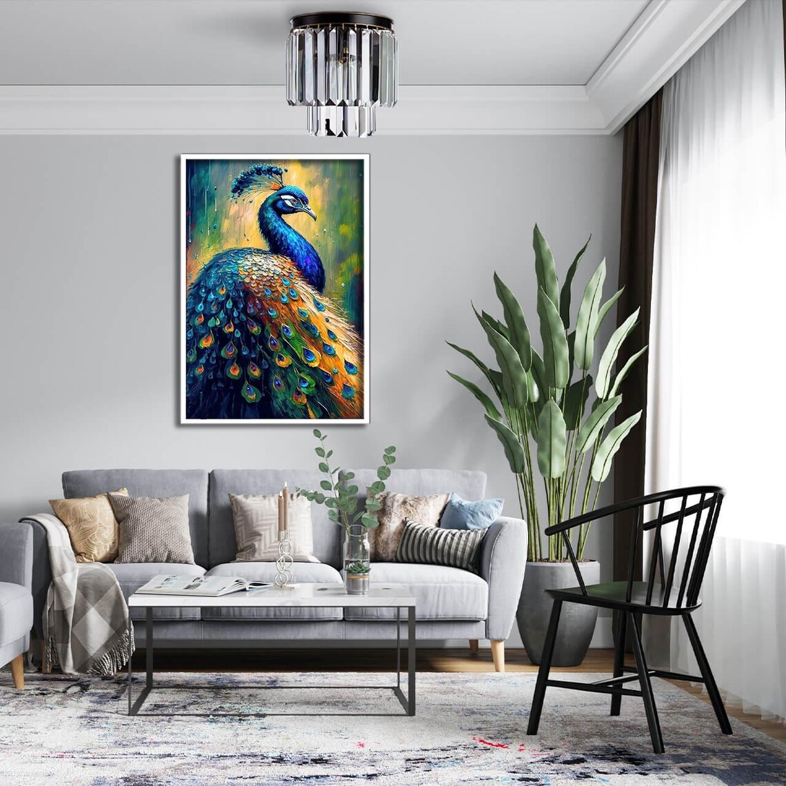 Majestic Peacock Vibrant Plumage Colorful Oil Painting Animal Print - Image 2