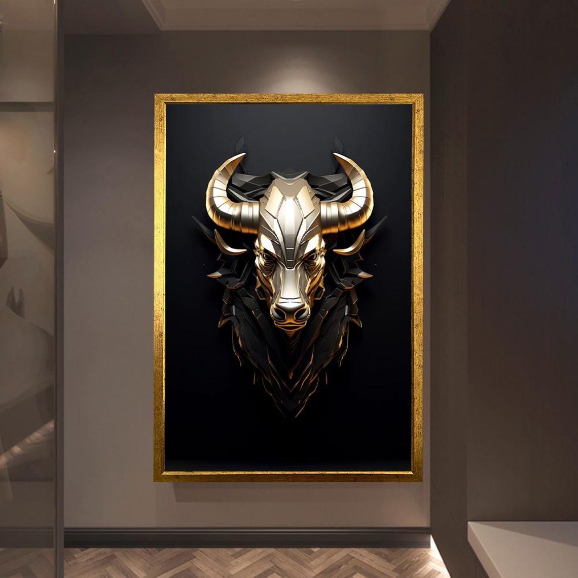 Angry 3D Golden Bull Head Geometric Black Gold Modern Wall Poster