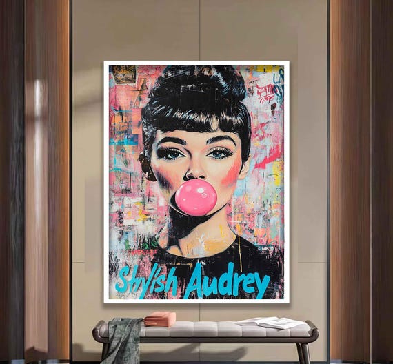 Audrey Hepburn Graffiti Gum Portrait Vintage Womens Fashion Wall Art Classic Hollywood Artwork Street Art Audrey Hepburn Modern Art