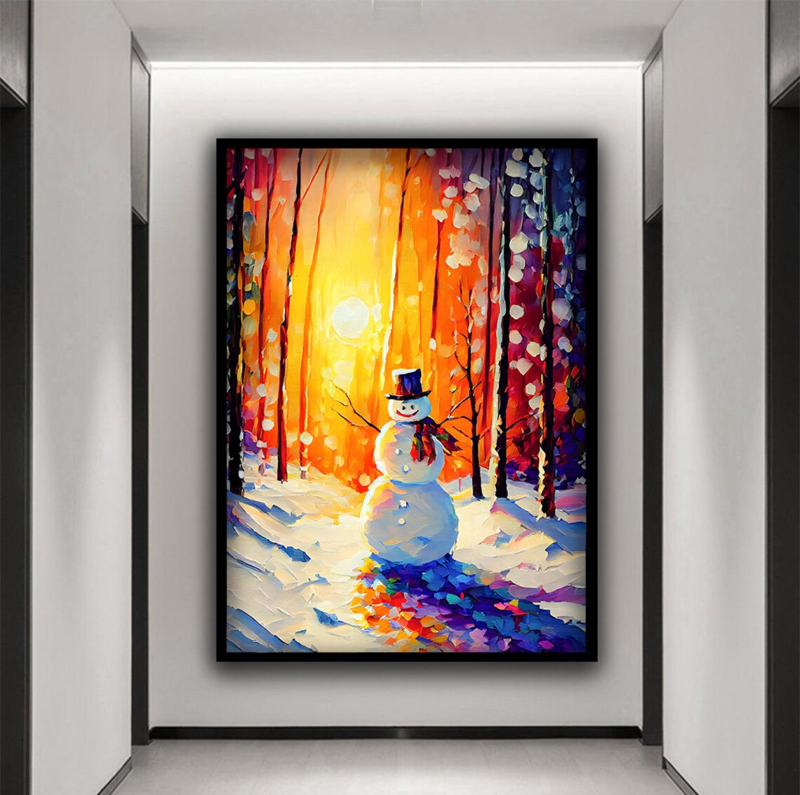 Cheerful Snowman In Snowy Forest Golden Sunset Winter Painting Poster - Image 2
