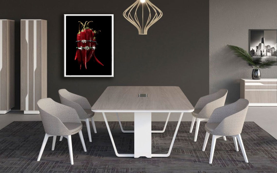 Red Chili Peppers Bunch Black Background Bold Kitchen Photo Poster - Image 2