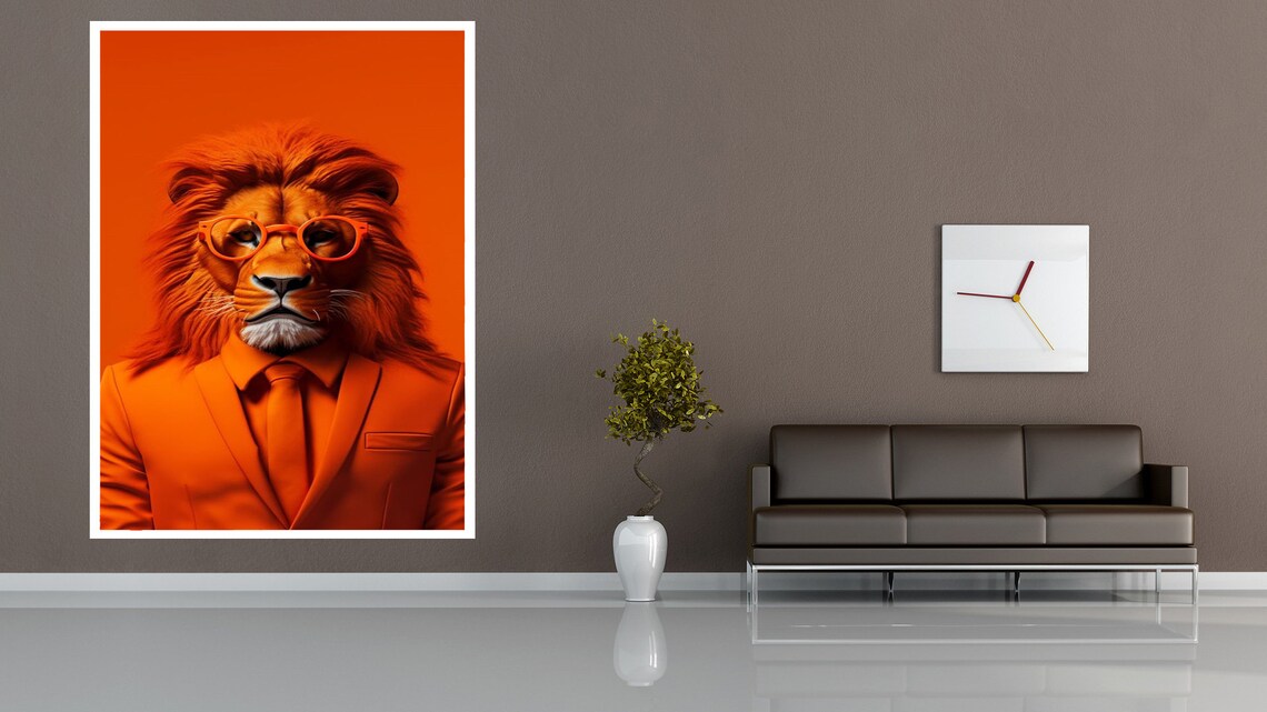 Lion in Orange Suit Glasses Painting Funny Animal Portrait Pop Wall Poster - Image 3
