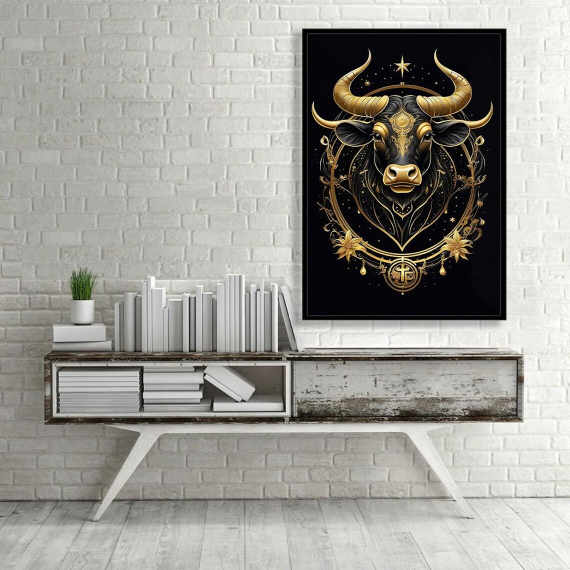Golden Bull Head Ornate Celestial Black Gold Luxury Animal Wall Poster - Image 3