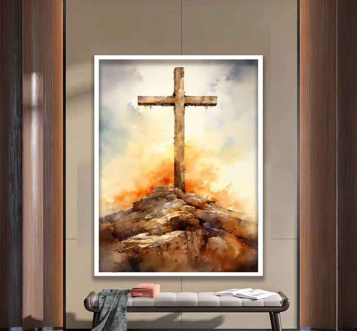 Wooden Cross on Rocky Hill Golden Sunset Watercolor Christian Poster - Image 3