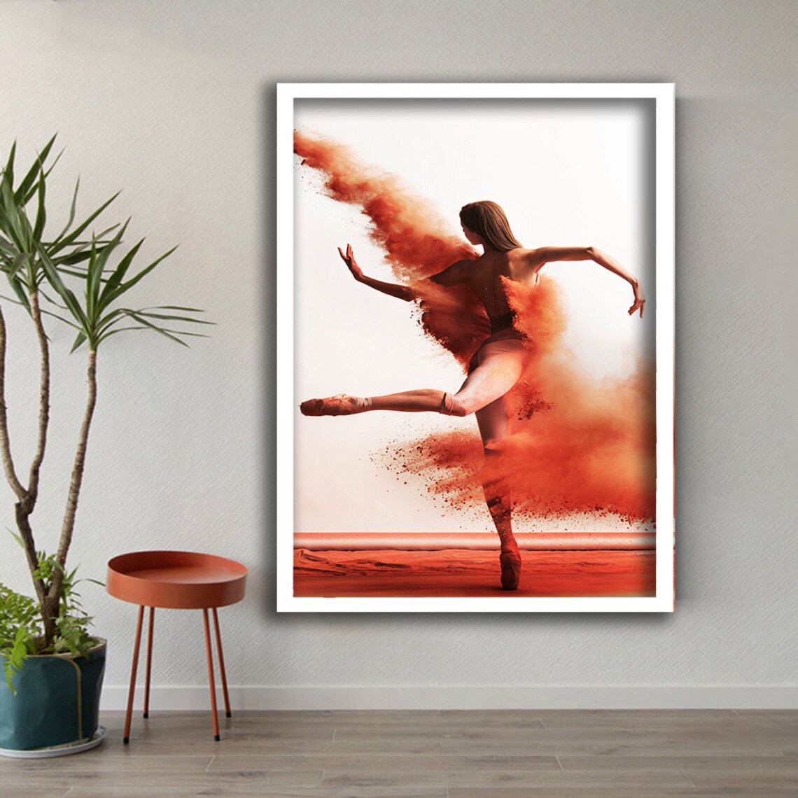 Ballerina Leaping In Red Dust Cloud Dance Motion White Background Poster - Image 3