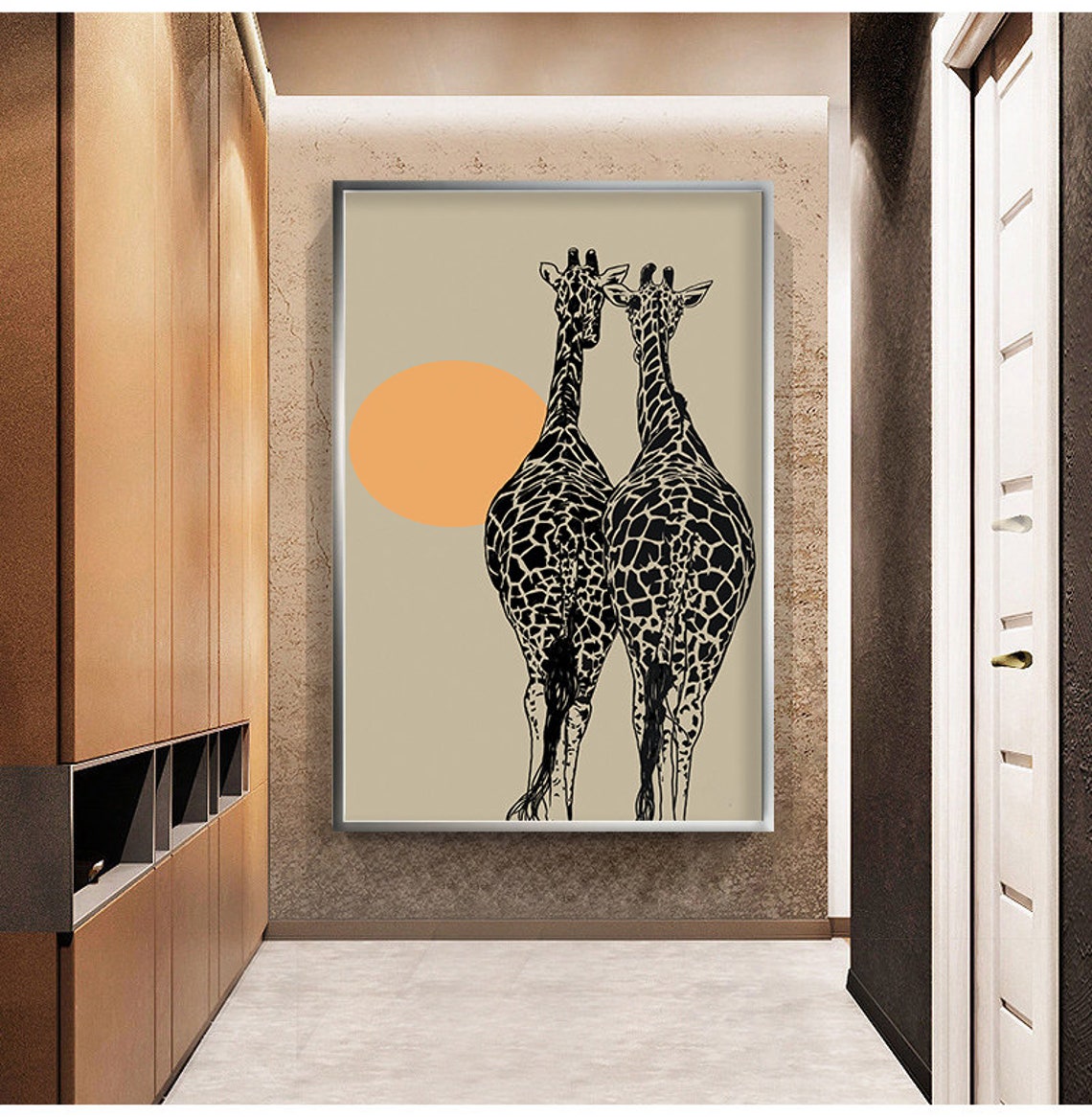 Two Giraffes Minimalist Line Art Orange Sun Boho Animal Wall Poster - Image 3